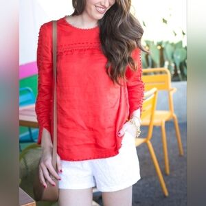 J Crew Red Linen Embroidered French Knot Detail Blouse